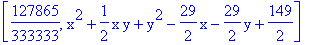 [127865/333333, x^2+1/2*x*y+y^2-29/2*x-29/2*y+149/2]